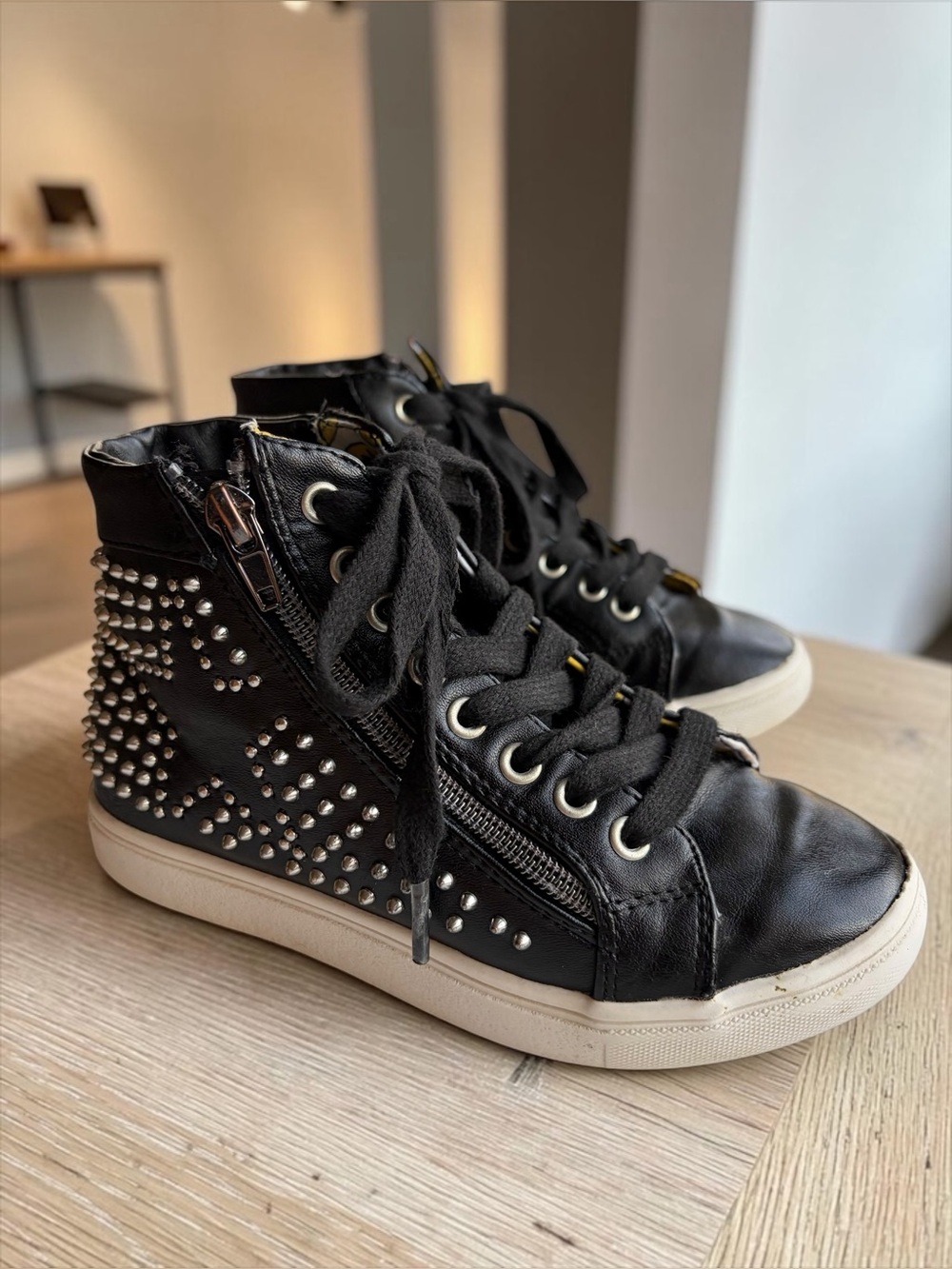 Steve Madden Kids Black Studded High-Top Sneakers with White Sole